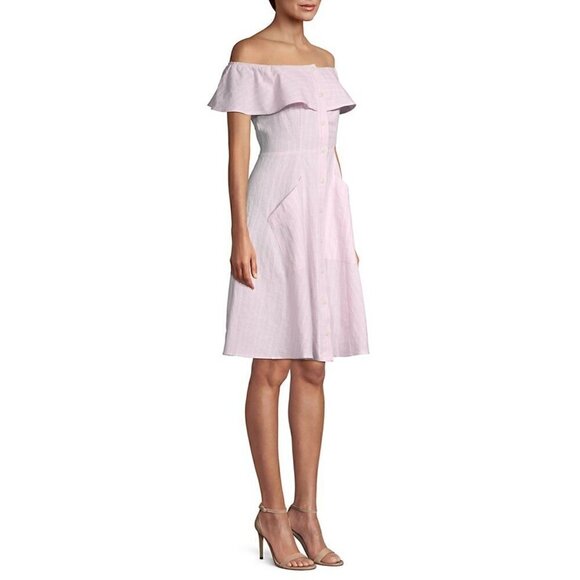 Saks Fifth Avenue Dress 10 NWT Button-Front Striped Linen & Cotton-Blend Pink - Picture 4 of 10